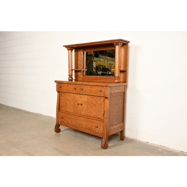 R. J. Horner & Co. Antique American Empire Tiger Oak Sideboard With Mirrored Backsplash, Circa 1900 For Sale - Image 4 of 15