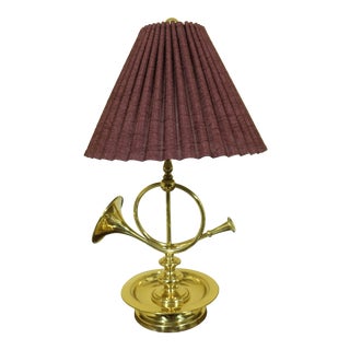 Brass Bugle or Horn Style Table Lamp W. Shade For Sale