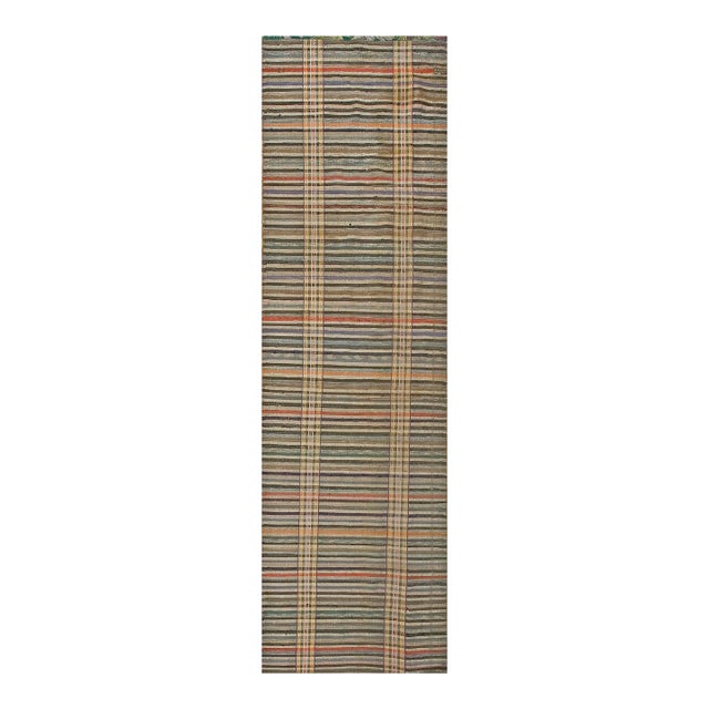 1930s Multicolor Stripe Antique American Rag Rug 3'4" X 12'0" Handknotted Wool Carpet For Sale