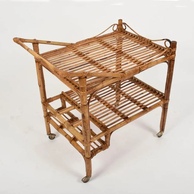 French Riviera Rectangular Bamboo and Rattan Trolley Bar Cart, France, 1960s For Sale - Image 4 of 12