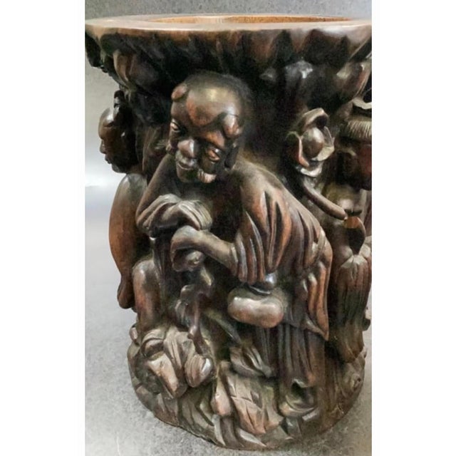 Pair of Antique Chinese Hand-Carved Wooden Brush Pots For Sale - Image 4 of 6