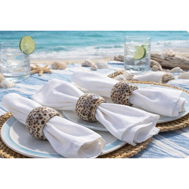 Elevate your table setting with this set of four genuine cowrie shell napkin rings, each crafted from naturally patterned...