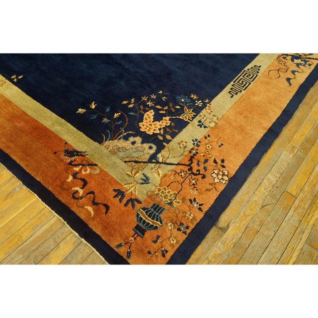 1920s 1920s Navy Vase Medallion Antique Chinese Art Deco Peking Wool Rug 9'3" X 11'3" For Sale - Image 5 of 9