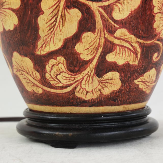 Burnt Umber Vintage Hand Painted Brown and Cream Floral Ceramic Table Lamp With Peony Motif and Wood Base For Sale - Image 8 of 13
