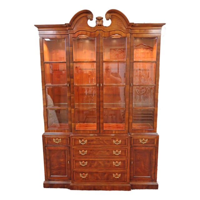 Henredon Aston Court Burl Wood Beveled Glass Bookcase China Cabinet Breakfront For Sale