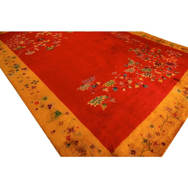 1920s Modern Red Field Asymmetrical Knotted Wool Antique Chinese Art Deco Carpet Rug For Sale - Image 4 of 9