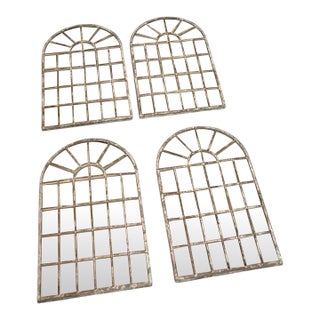 Set of Four Vintage White-Washed Iron Arched Window-Style Wall Mirrors For Sale