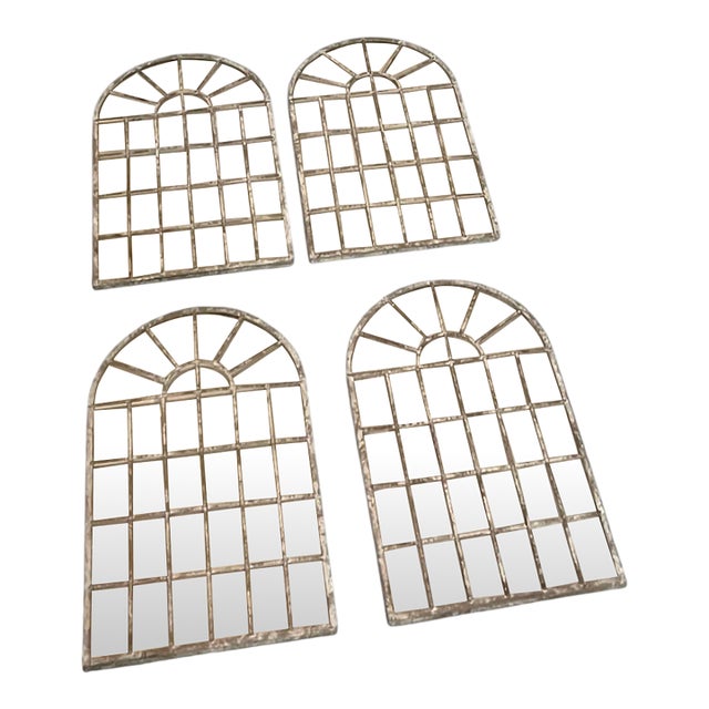 Set of Four Vintage White-Washed Iron Arched Window-Style Wall Mirrors For Sale