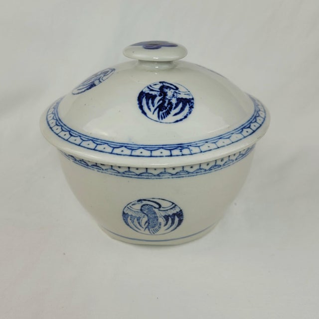 Vintage Blue and White Ceramic Lidded Bowl Crane Medallion Chinoiserie China For Sale - Image 4 of 13