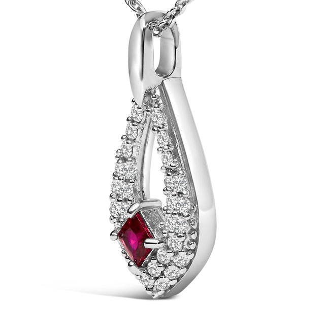 Contemporary .925 Sterling Silver Created Red Ruby and White Sapphire Pear Shaped Pendant Necklace - 18" Inches For Sale - Image 3 of 5