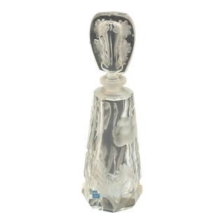 Vintage Hand Cut Thick Crystal Etched Satin Floral Scene Elegant Perfume Bottle For Sale