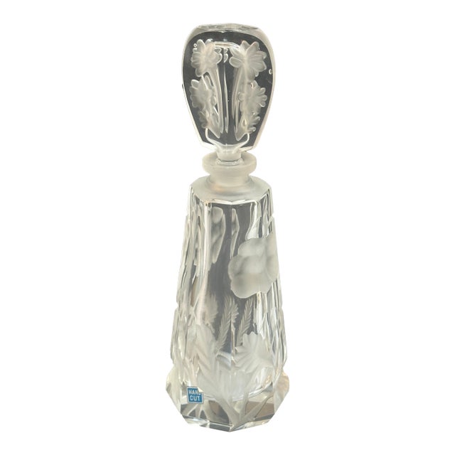 Vintage Hand Cut Thick Crystal Etched Satin Floral Scene Elegant Perfume Bottle For Sale