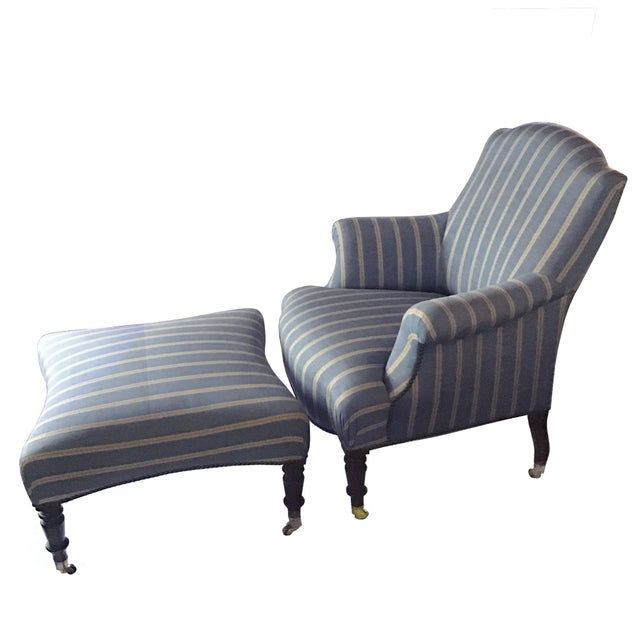 Vintage French Napoleon III Curved Back Armchair with matching Ottoman covered with Osborne & Little Mid Blue & Yellow...