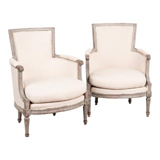 Pair, Gray Painted Swedish Gustavian Armchairs, Circa 1920 For Sale