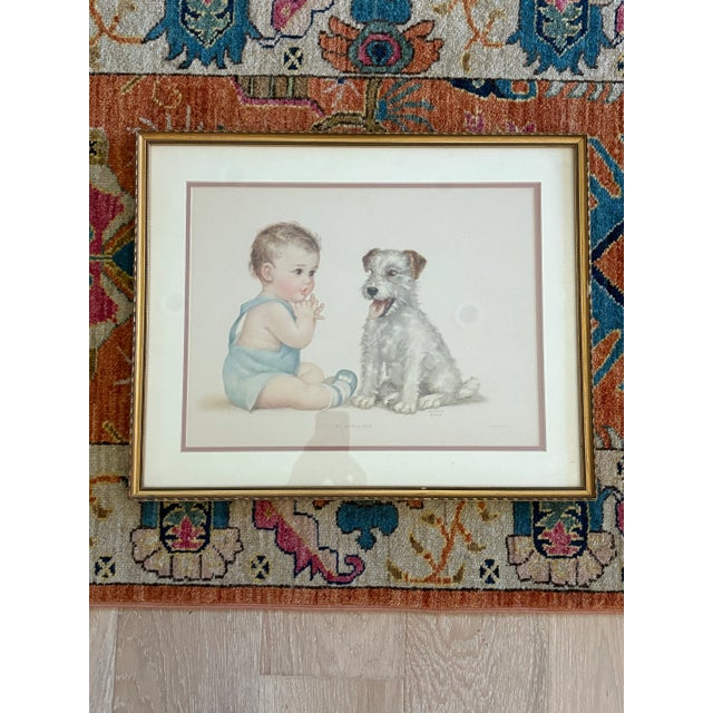 Vintage Framed Charlotte Becker Print “Play Mates” Baby & Wire Fox Terrier For Sale - Image 4 of 9