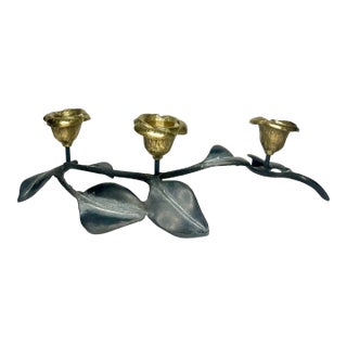 Vintage Art Nouveau Sculptural Floral Pewter & Brass Candleholder For Sale