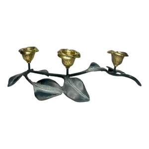 Vintage Art Nouveau Sculptural Floral Pewter & Brass Candleholder