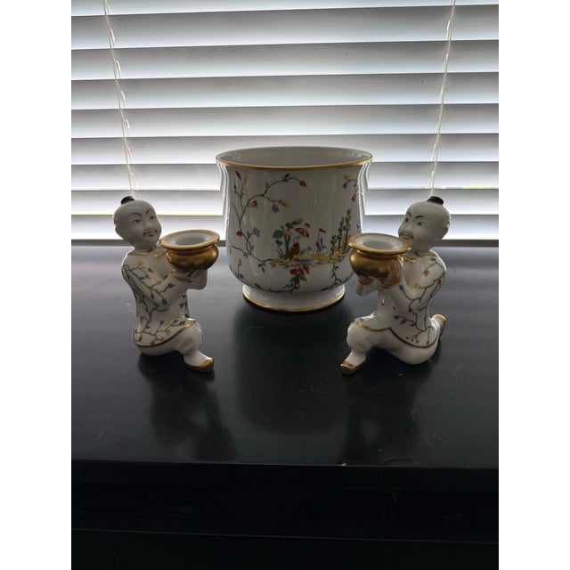 Rare Bergdorf Goodman Exclusive French Porcelain Figural Cachepot, Hand Painted 3-Piece Centerpiece, Circa 1960 For Sale In San Francisco - Image 6 of 6