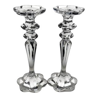 Monumental Crystal Pillar Candlesticks Floral Shape Base & Platform For Sale