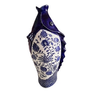 Chinoiserie Fish Vase Porcelain Blue White 17"h X 8"w Nautical Beach Ocean Sea For Sale