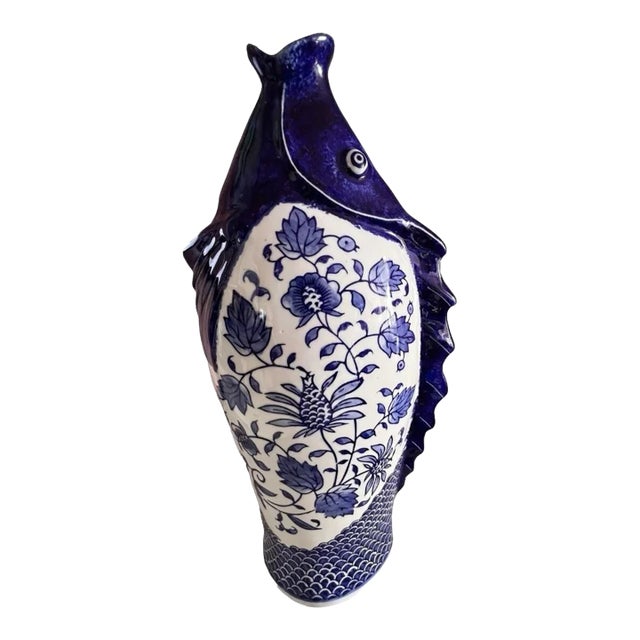 Chinoiserie Fish Vase Porcelain Blue White 17"h X 8"w Nautical Beach Ocean Sea For Sale