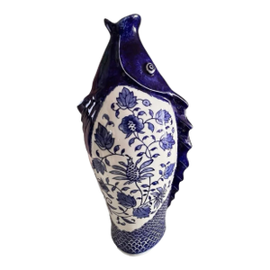 Chinoiserie Fish Vase Porcelain Blue White 17"h X 8"w Nautical Beach Ocean Sea