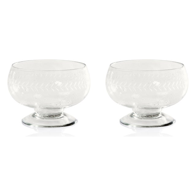 Tuscan 2-Piece Set Handmade Etched Condiment Glass Footed Bowls, Large For Sale In Los Angeles - Image 6 of 6