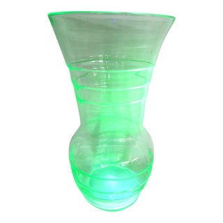 Depression Era Large Green Uranium Glass Vase Ribbed Style With Flared Rim 4868b For Sale