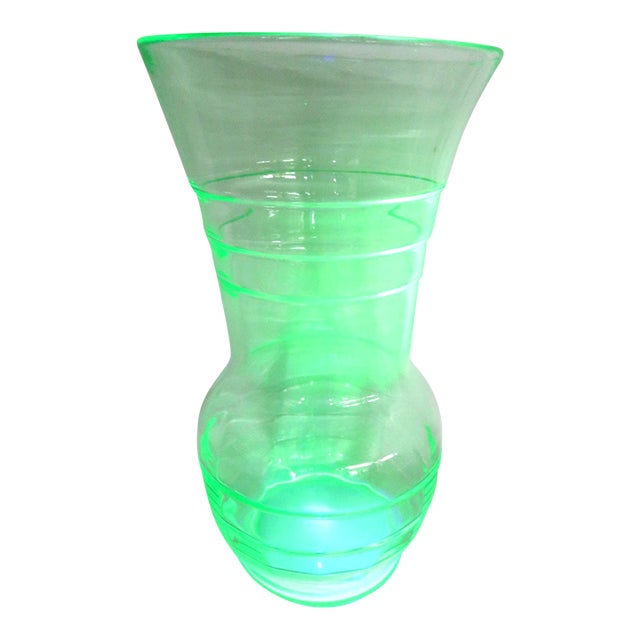 Depression Era Large Green Uranium Glass Vase Ribbed Style With Flared Rim 4868b For Sale