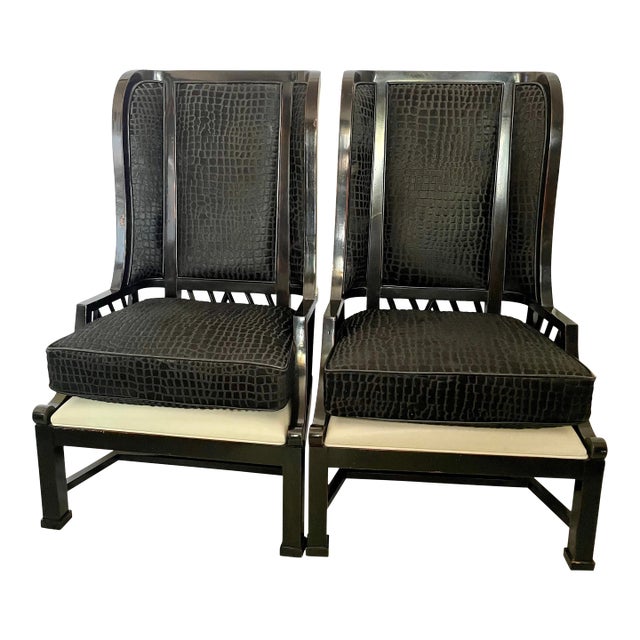 Maitland-Smith Bergere Lacquer-White Leather & Croc Mohair Style Wingback /High Back Accent Armchairs - a Pair For Sale