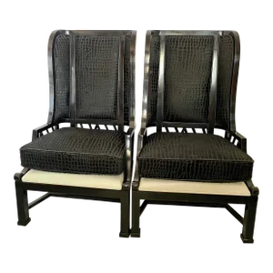 Maitland-Smith Bergere Lacquer-White Leather & Croc Mohair Style Wingback /High Back Accent Armchairs - a Pair