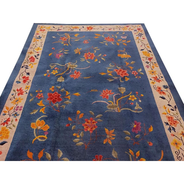 1920s Royal Blue Floral Antique Chinese Art Deco Rug 6'0" X 8'9" Knotted Wool Carpet For Sale - Image 9 of 9