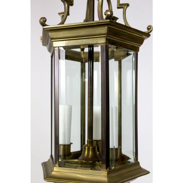 Mid 20th Century Mid-Century Italian Pagoda-Esque Bronze & Beveled Glass Lantern For Sale - Image 5 of 12