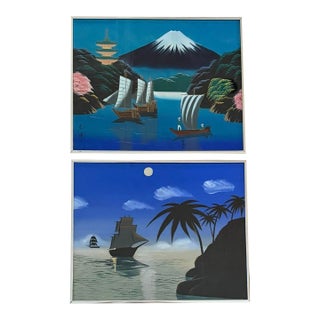 Vintage Mid-Century Japanese Scenic Silk Paintings in Steel Frames, Pair For Sale