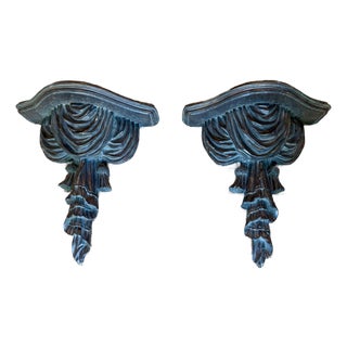 Mid-Century Hollywood Regency Trompe L’Oeil Carved Drapery & Tassel Wall Brackets - A Pair For Sale