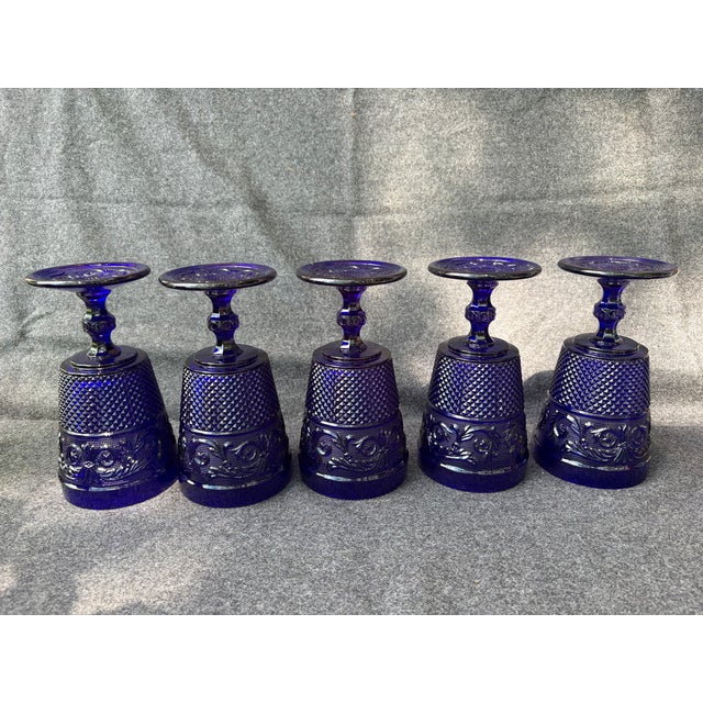 Glass Vintage Cobalt Blue Goblets Set of 5 For Sale - Image 7 of 16