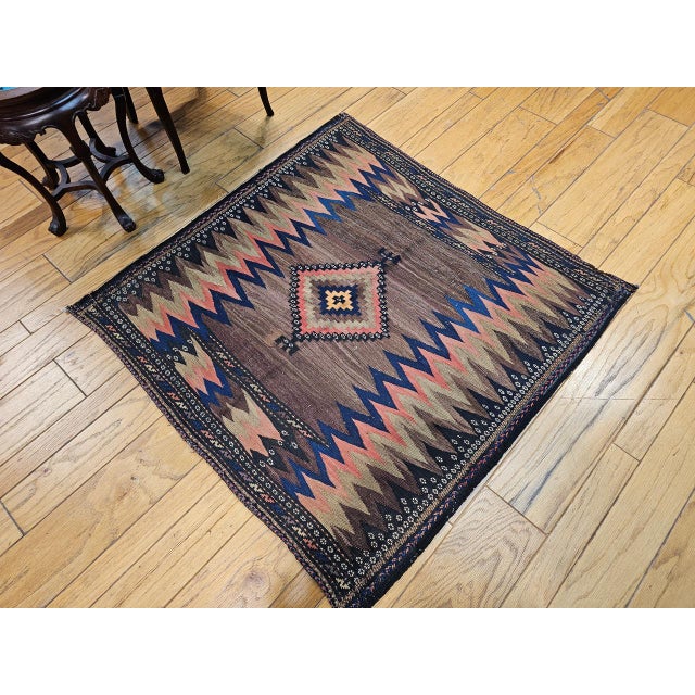 Early 20th Century Antique Persian Qashqai Tribal Sofreh Kilim Rug, Handwoven Wool, Geometric Pattern, Brown, 4x4 For Sale - Image 5 of 13