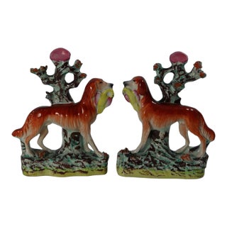 Rare Pair Staffordshire Pottery Hunting Dogs For Sale