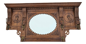 Dutch Entryway Wall Coat Rack in Carved Wood with Central Mirror, 1950s