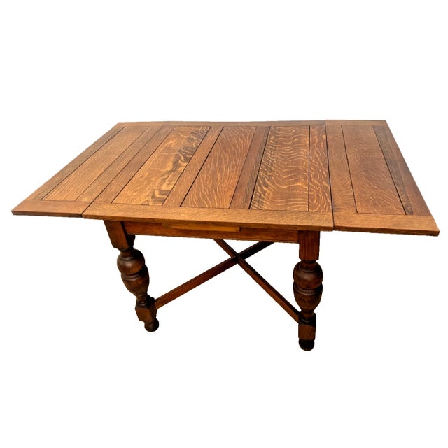 Early 20th Century English Tudor Expansion Table Turned Baluster Legs Quarter Sawn Oak, X-Stretcher 1a For Sale - Image 4 of 16