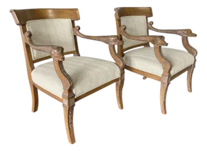 French Empire Style Neoclassical Carved Dolphin Chairs, Pair