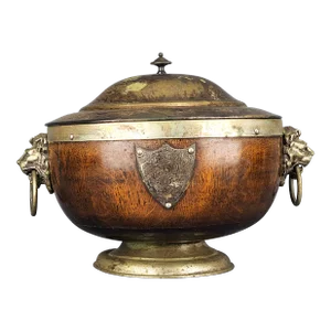 1870's Antique English Oak & Silver Plated Victorian Pedestal Trophy Salad or Fruit Bowl Dish With Lid and Lion Head Ring Handles