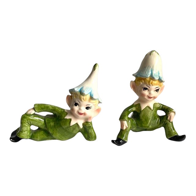 Vintage Norcrest Elves Pixie Elf Figurine Flower Hat Retro Spring Holiday a Pair For Sale