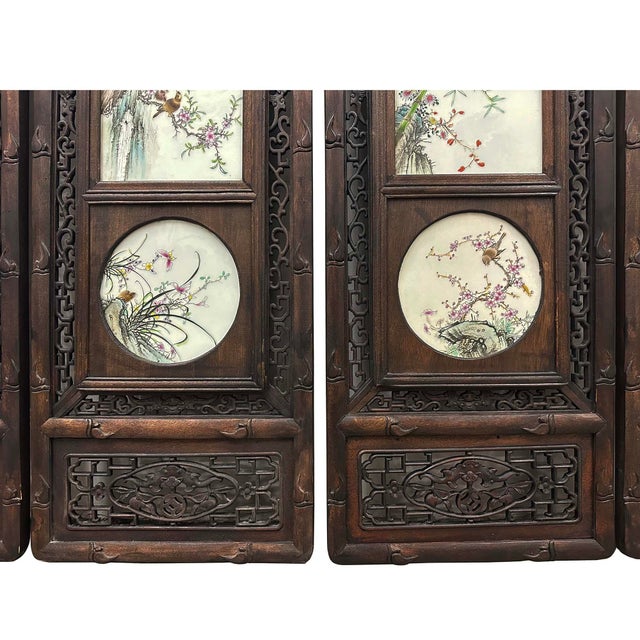 Wood Antique Chinese Hand Painted Porcelain Panels -Wall Hanging, Set of 4 For Sale - Image 7 of 11