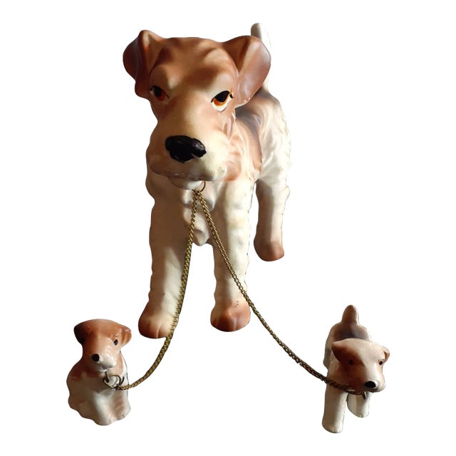 Vintage Bisque Airedale Terrier Doggie With Pups Figurines For Sale