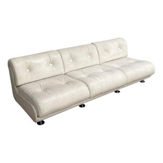 Space Age White Leather Three Seat Lounge Sofa, 1970s For Sale