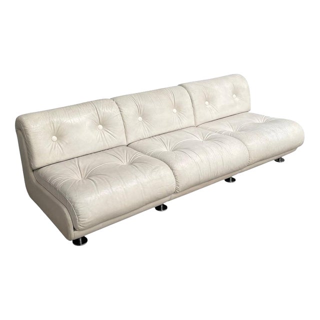 Space Age White Leather Three Seat Lounge Sofa, 1970s For Sale