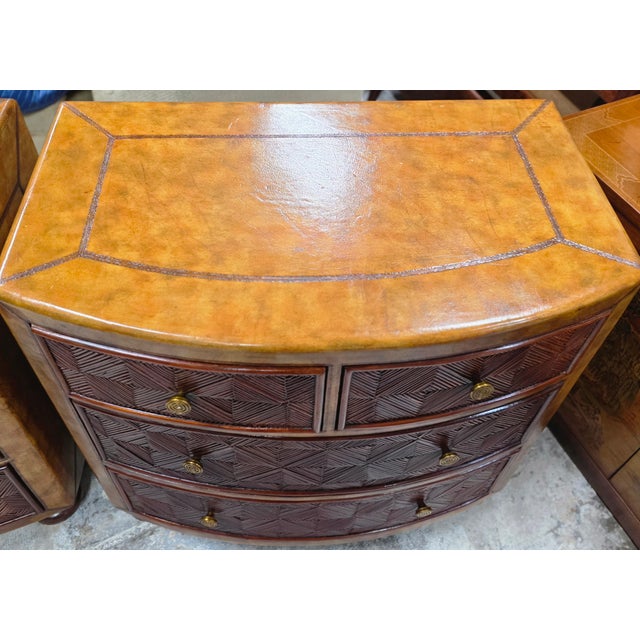 Late 20th Century Late 20th Century Pair of Lineage Home Woven Rattan Front and Leather-Clad Bow Front Chest of Drawers For Sale - Image 5 of 18