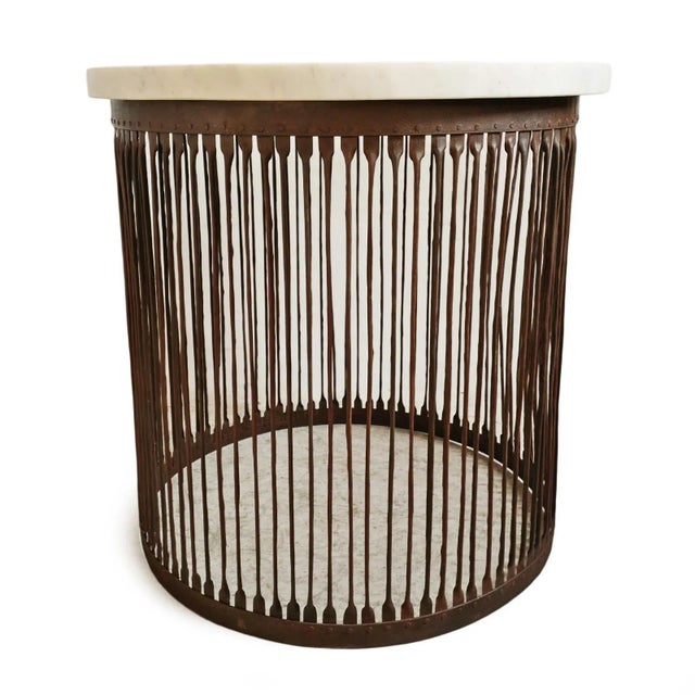 Vintage White Marble & Iron Stripe Base Entry Table For Sale - Image 4 of 9