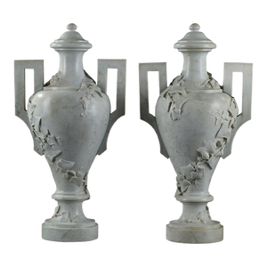 19th Century White Marble Vases With Ivy Decoration, Set of 2